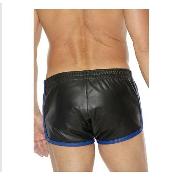 🦋B2G1🦋SHOTS OUCH Uomo Versatile Leather Shorts Gay Style Black/Blue - Picture 2 of 5